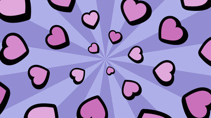 放射状に広がるハートの背景イラスト_アメコミ風_集中線_紫_16:9