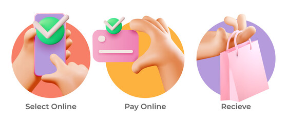 Online shopping and delivery icon set with 3d handy hands in colorful circles. Vector illustration