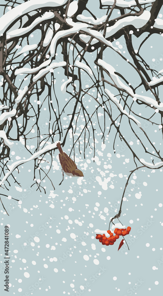 Poster a beautiful winter landscape with snow-covered branches and red bunch of a rowan tree and a small fr
