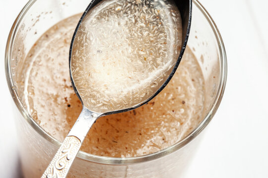 A tablespoon of hydrated psylium husk superfood, source of soluble fiber for intestinal health