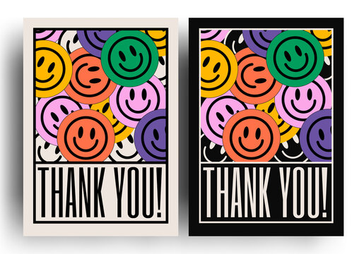 Thank you card or poster design template with colorful emoji composition. Vector illustration