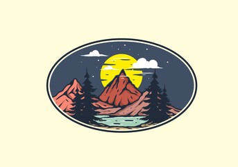 Lake and mountain with big moon illustration
