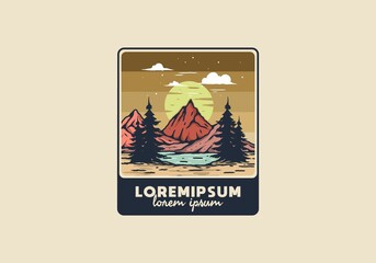 Lake and mountain with big moon illustration