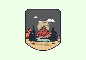 Lake and mountain with big moon illustration