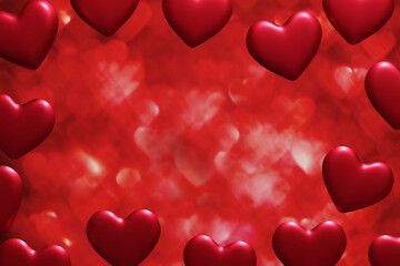 3d render of red hearts frame with heart bokeh for Valentines Day