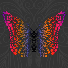 Black, Pink, Orange and Purple Decorative Filigree Scroll-work Butterfly on Gray Accented Background
