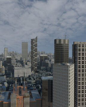 Future City Buildings with Cloudy Sky, 3d digitally rendered science fiction illustration