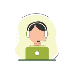 Call center operator. Male. Hotline support service 24h. Call center online assistant in headphones. Vector illustration.