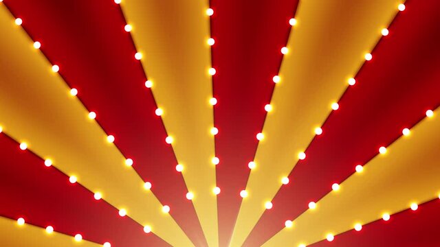 Circus animated rotation looped background of red and gold lines stripe with star constellations light bulbs tinsel. Retro motion graphic carnival sun beam ray