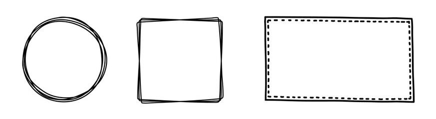 Hand drawn frames. Set of blank black square and round hand drawn sketches