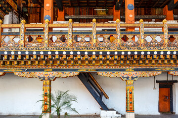 Naklejka premium Facade of the monastery inside of the Punakha Dzong, Punakha, Bhutan, Asia