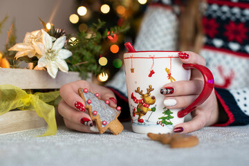 Festive Christmas mood, Female hands holding a cup of tea and gingerbread cookies 