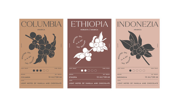 Vector set illustration design labels for coffee packages. Minimalistic and modern design with coffee beans branch.
