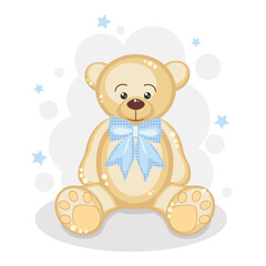 Cute bear with blue bow and stars. Background for posters, invitation, postcard, greeting card, labels, baby shower,  wallpapers, textiles, papers, fabrics, web pages.