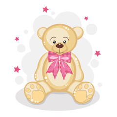 Cute bear with pink bow and stars. Background for posters, invitation, postcard, greeting card, labels, baby shower,  wallpapers, textiles, papers, fabrics, web pages.