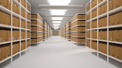 Rows of shelves with boxes in the factory warehouse. A perfectly white clean warehouse. Smooth boxes. Sample. Structured warehouse