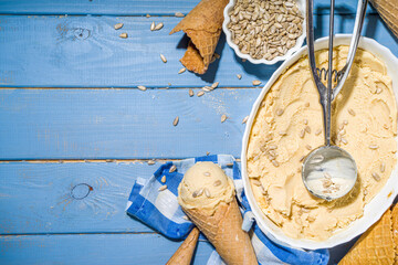 Homemade organic sunflower seeds ice cream, vegan non-allergic ice cream with sunflower seeds and...