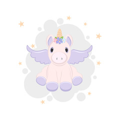 Cute unicorn sitting on cloud. Background for posters, invitation, postcard, greeting card, labels, baby shower,  wallpapers, textiles, papers, fabrics, web pages.