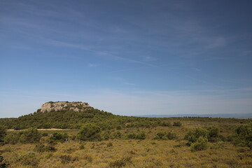 A panoramic view over French national park Massif de la Clape. Photo was taken on a sunny and very hot day.