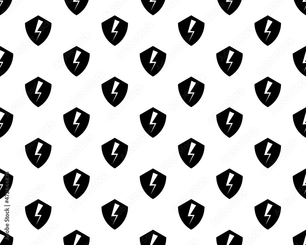 Poster secure shield with lightning icon seamless pattern on white background. flat design. vector illustra