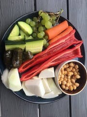 Gesunder Teller mit Gemüse Paprika Kohlrabi Kichererbsen Gurke und Karotten vegan vegetarisch