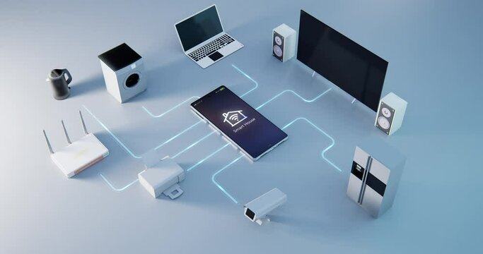 From above smartphone connected with various modern devices and appliances as part of smart house on gray background