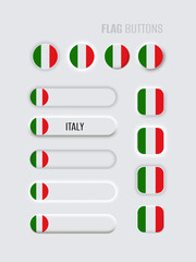 Neomorphic 3d mock up buttons set on white background. Italy flag for website, mobile menu, apps. Simple neomorphism trendy concept design element, UI UX component. Vector illustration