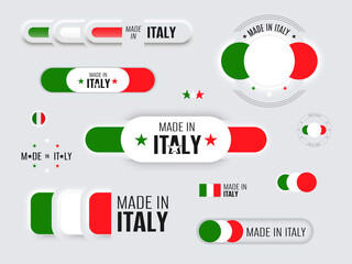 Neomorphic 3d mock up italian flag buttons set on white background. Made in Italy neomorphism trendy concept design element, logo, icon, sign, symbol. Vector illustration