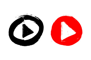 Play button icon set. Black and red ink brush stroke symbol on white background. Live streaming media concept sign. Vector illustration