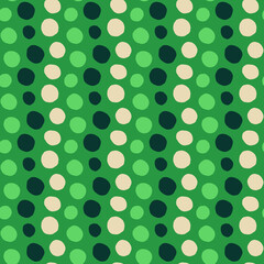 Green polka dots, hand drawn spots seamless vector pattern. Scattered big and small circles, points in various sizes. Retro stylish background. Decorative repetitive design tiles. - 472848403