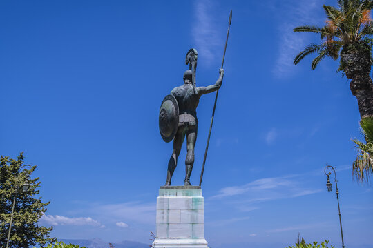 Gastouri, Greece - June 16, 2021: Large Achilles statue in gardens of Achilleion palace built for Elisabeth of Austria - Sisi on Corfu Island