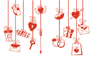 Valentine's day. Background with hanging cute elements. Vector illustration.