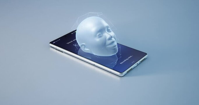 Pan around view of 3D head of voice assistant speaking from screen of mobile phone against gray background. Ai artificial intelligence concept