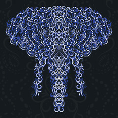 Medium Grayish Blue and White Decorative Filigree Scroll-work Elephant on Darker Grayish Blue Accented Background