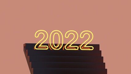 glow light 2022 numbers on stairs with pastel background.Happy New Year 2022.3d rendering