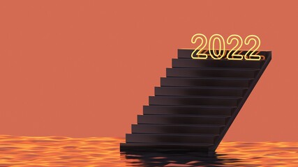 glow light 2022 numbers on stairs with pastel background.Happy New Year 2022.3d rendering