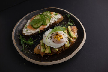 Delicious healthy diet sandwiches on a clay plate