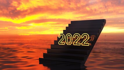 glow light 2022 numbers on stairs with sunset background.Happy New Year 2022.3d rendering