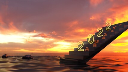 glow light 2022 numbers on stairs with sunset background.Happy New Year 2022.3d rendering