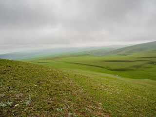 Green pasture in the distance against the background of rainy and foggy hills.