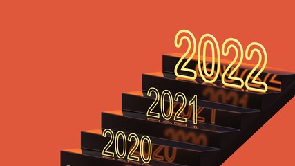 glow light 2022 numbers on stairs with pastel background.Happy New Year 2022.3d rendering