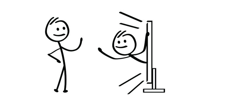 Cartoon stickman comes out of the TV, watch a 3d movie. Stick figure, person says hello or greeting. Drawing TV or television symbol. Vector TV screen sign.