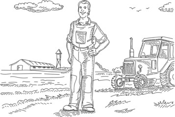 Farmer on the field with the tractor. Sketchy vector illustration.