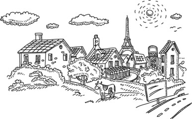 Village in France. Paris. Sketchy vector illustration.
