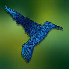 Blue Decorative Filigree Scroll-work Hummingbird on Green and Yellow Gradient Background