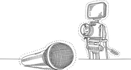 Microphone and videocamera. Interview-room. Sketchy vector illustration.