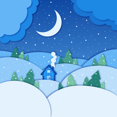 Fototapeta na wymiar Snowy winter landscape background vector illustration in paper cut style. Nature, forest, wood, fir trees, moon, clouds, sky, house in white, blue, green colors