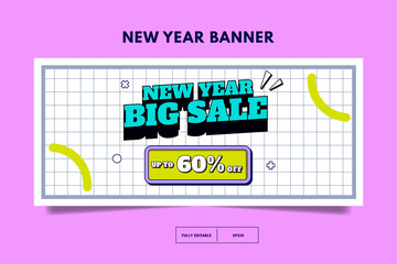 Horizontal banner template. Social media promotion template. New year sale 80s retro post template. memphis social media design. banner template design with space for photo