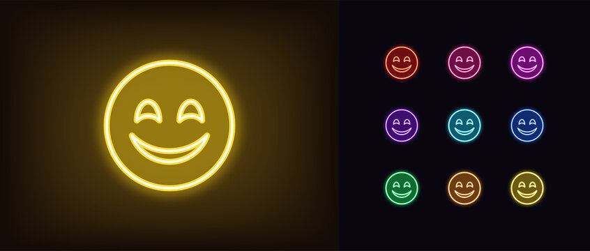 Naklejki Outline neon emoji icon. Glowing neon cute emoji sign, smiley emoticon pictogram in vivid colors