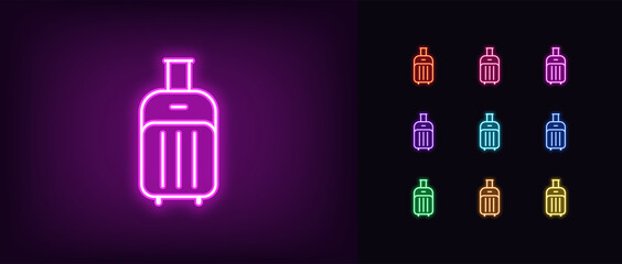 Outline neon luggage icon. Glowing neon baggage sign, trip bag pictogram in vivid colors